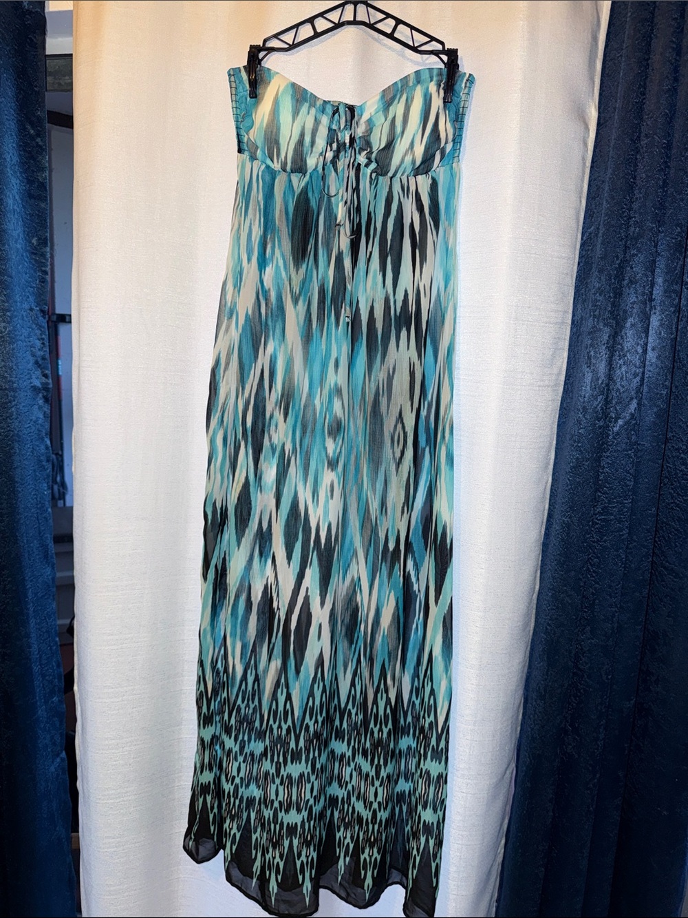 Kenneth Cole Aqua and Black Strapless Ikat Maxi Dress